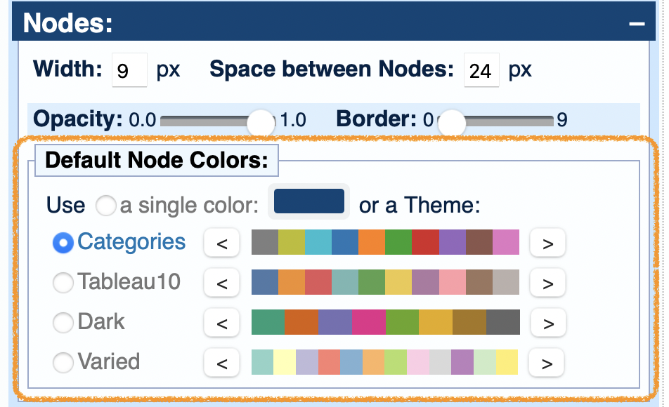 Screenshot showing the SankeyMATIC Nodes interface with the  section 'Default Node Colors' highlighted. This section presents radio buttons which select between 4 themes. Next to each theme's name is a display showing all of that theme's colors. On the left and right sides of the color groups are arrow buttons. These buttons control which color the theme begins with.