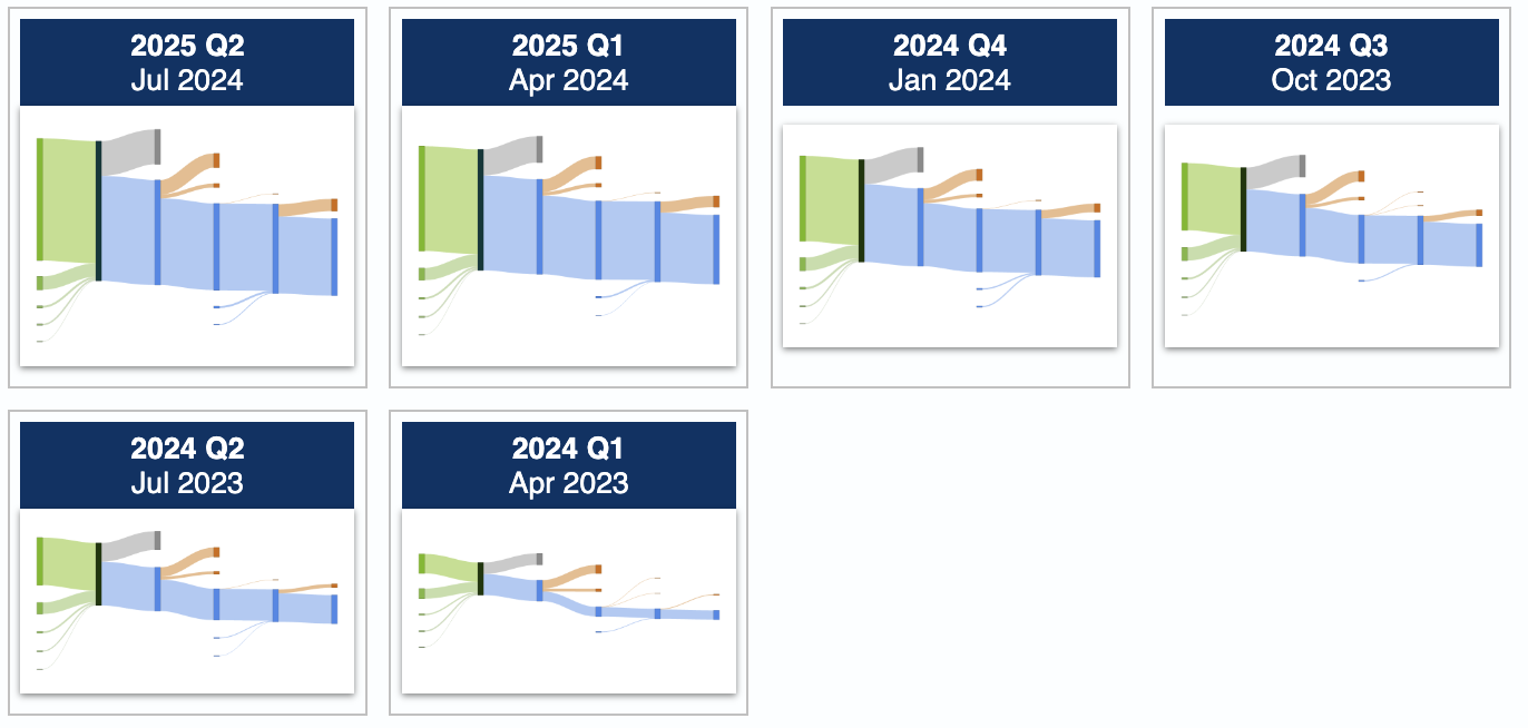 Thumbnails of diagrams showing NVIDIA's last 6 quarterly reports. Note the growth from Q1 2024 to Q1 2025.